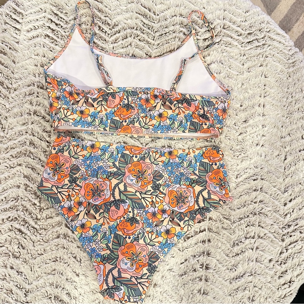 NWOT Tropical Floral Orange Blue Floral Two Piece Womens Swimsuit Sz Large - Picture 3 of 5